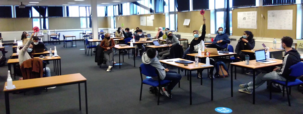 Students in a socially distanced class